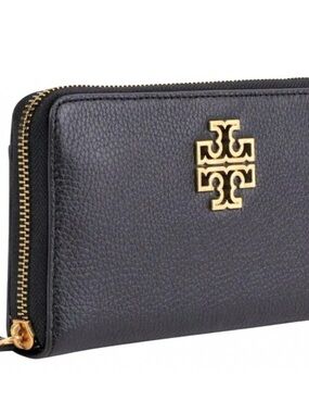Tory Burch Black Pebbled Leather Zip Wallet with Gold Logo Hardware